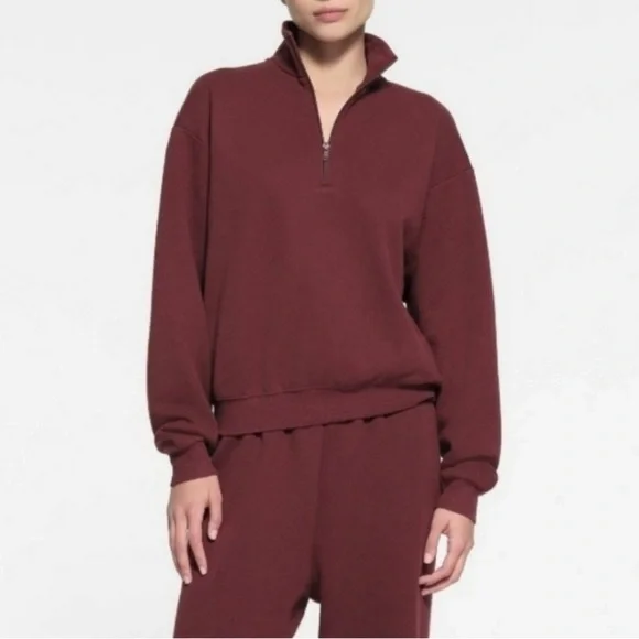 Skims Cotton Fleece Classic Half Zip Pullover Hoodie Oxblood Burgundy - Picture 1 of 5